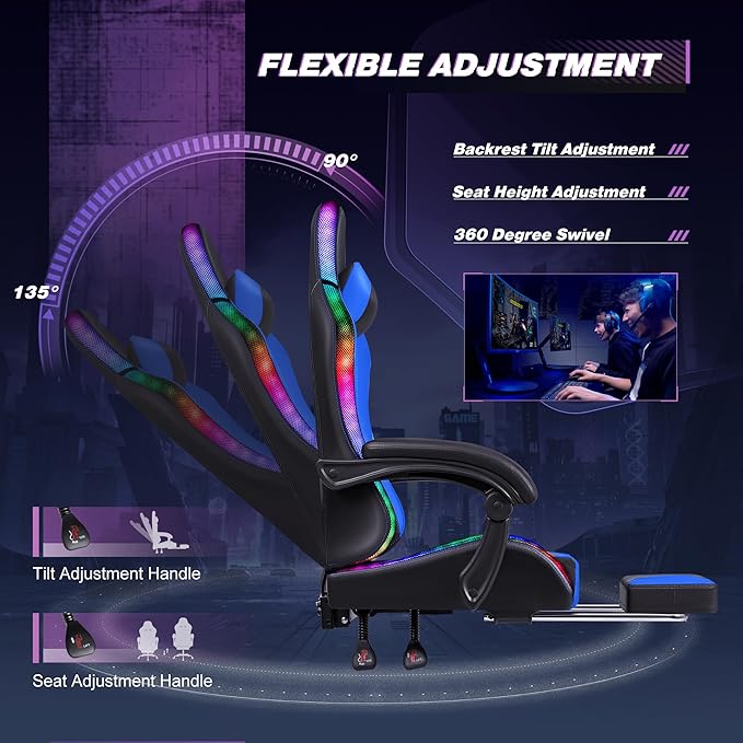 Homall Gaming Chair Video Game Chair with Footrest and Massage Lumbar Support Ergonomic Computer Chair Height Adjustable with Swivel Seat and Headrest (RGB Blue)