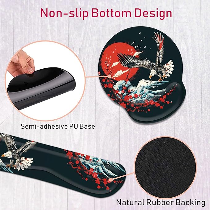 Keyboard Wrist Rest and Mouse Wrist Rest Pad with Coffee Coaster Non Slip PU Base Wrist Support with Ergonomic Raised Memory Foam for Easy Typing &amp Pain ReliefOcean Wave Cherry Blossom Eagle