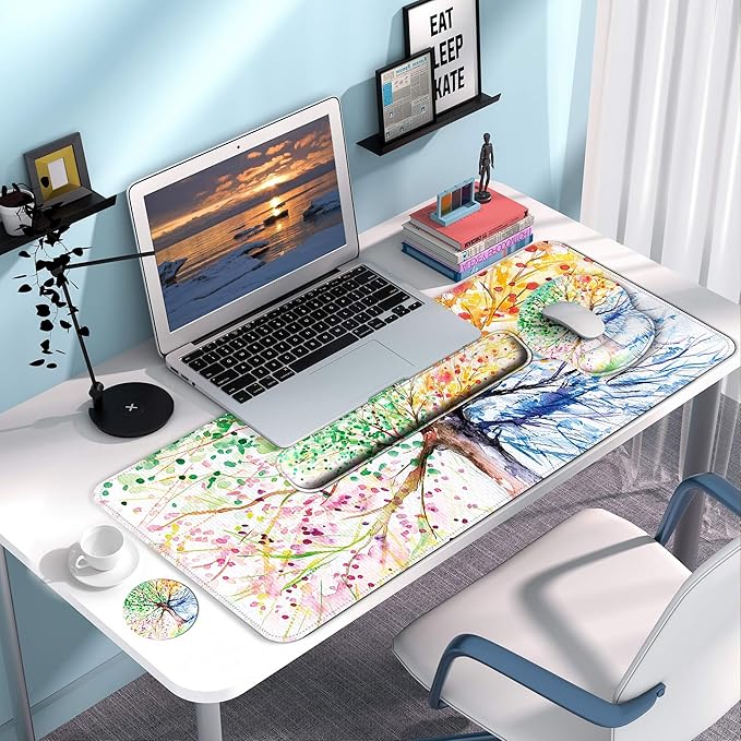 Desk Mat Set + Keyboard and Mouse Pad with Wrist Rest Support4-in-1 Large Mousepad Computer Mats for Desktop Home &amp Office-Watercolor Tree