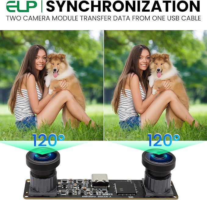 ELP 1200P 60fps Binocular Global Shutter USB Camera Module for Computer - Wide Angle 120 4MP Dual Lens Synchronization PC Camera