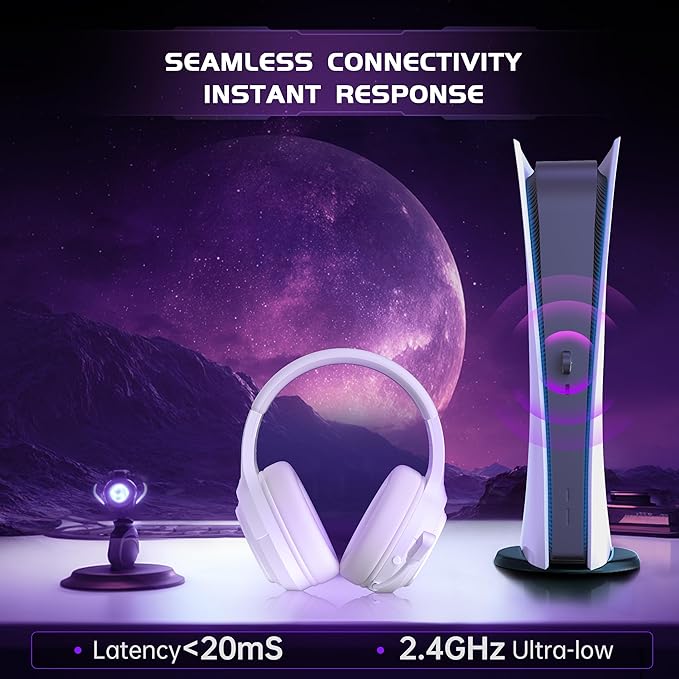 COOLV Wireless Gaming Headset for PS5/PS4PC 2.4GHz&ampBluetooth 5.3 Gaming Headphones with Noise Canceling Mic 20ms Low-Latency 50+Hr Battery Type-C- White