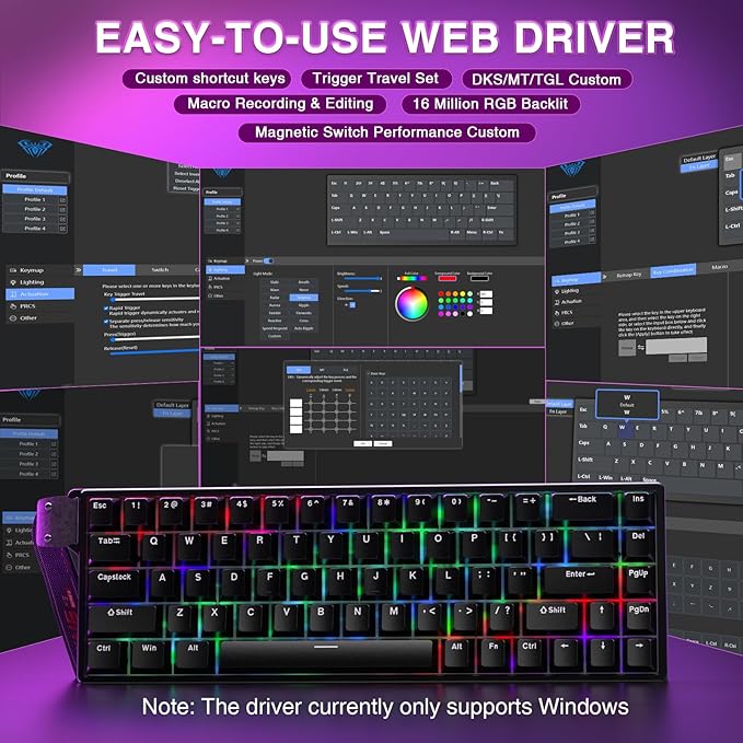 AULA WIN68 HE Mechanical Gaming Keyboard 60% Hall Effect Magnetic Switch Fast Trigger Mode Adjustable Actuation 8000Hz Polling Rate RGB Backlit Wired Black Keyboard for Laptop/PC Gamer