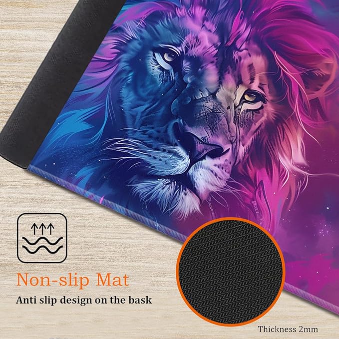 Large Gaming Mouse Pad Keyboard Wrist Rest Pad + Mouse Wrist Pad + Coaster 4 in 1 Set Extended Waterproof Non-Slip Desk Mat Suitable for Office Home Learning Games Blue and Purple Lion