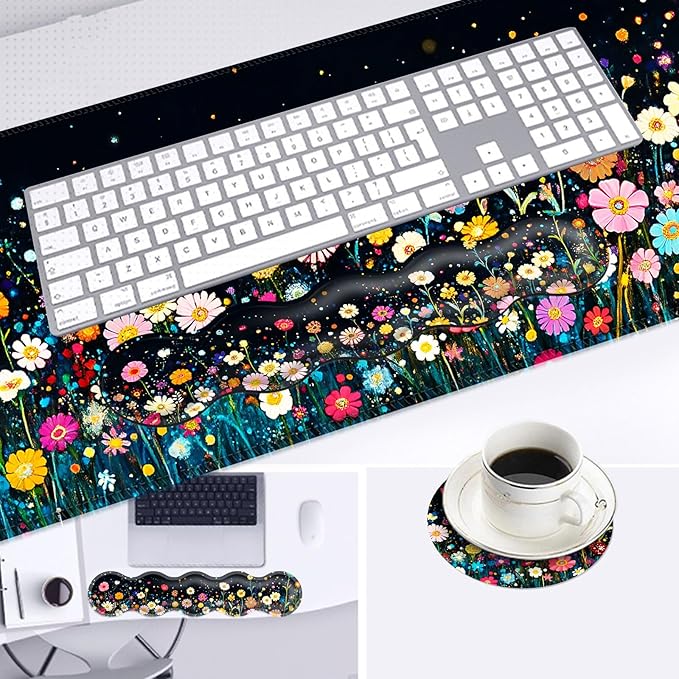 Large Mouse Pad and Keyboard Wrist Rest Desk Pad for Keyboard and Mouse 4-in-1 Large Gaming Mouse Pad with Wrist Support Desk Mat for Home Office Study GameColorful Flower Field