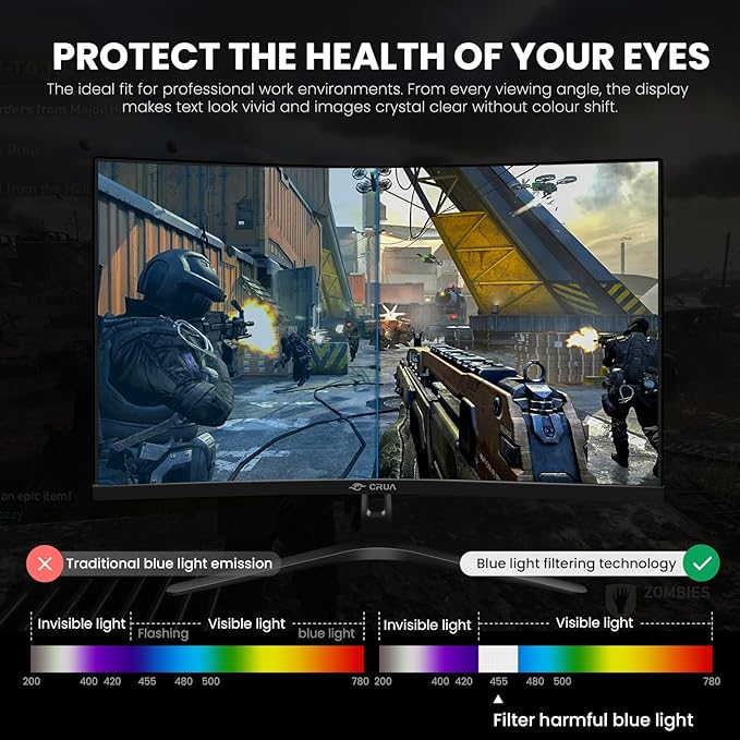 CRUA 27 Curved Gaming Monitor FHD 1920x1080P 144Hz/180Hz Computer Monitor 1800R VA Screen 120% sRGB AMD FreeSync HDMI &amp DP Wall Mount Install- Black