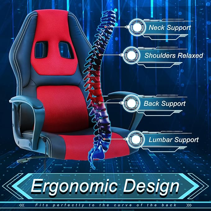 Silla Gamer Ergonomic Massage Gaming Chair - Leather Racing Style Comfortable for Adults &amp Kids - Red