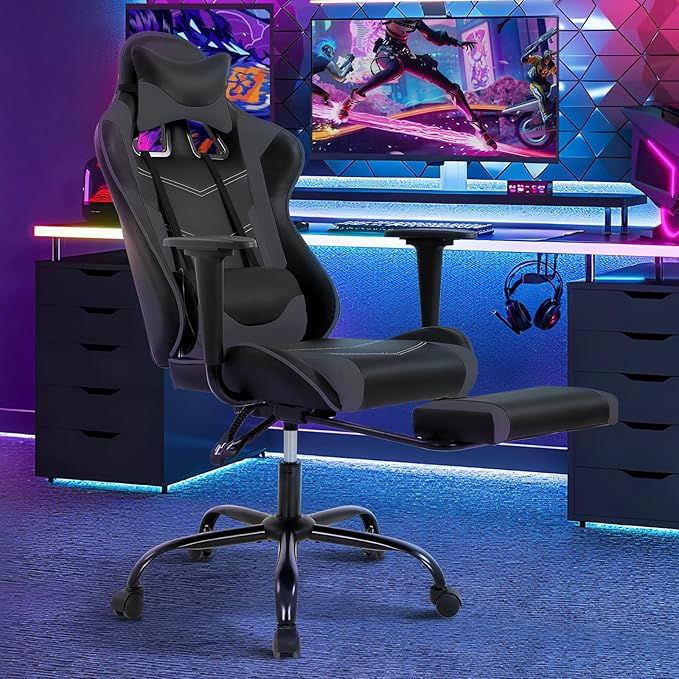 Gaming Chair Ergonomic Office Chairs PU Leather High-Back Computer Chair with Footstool and Lumbar Support360°Swivel Game Chairs with Headrest for Office &amp GamingBlack (Grey)