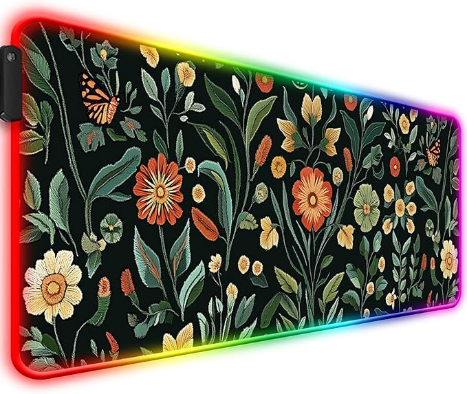 RGB Floral Gaming Desk Mat Computer Keyboard Large Extended Long Flower Plants LED Mouse Pad for Office and Home XL (W19)