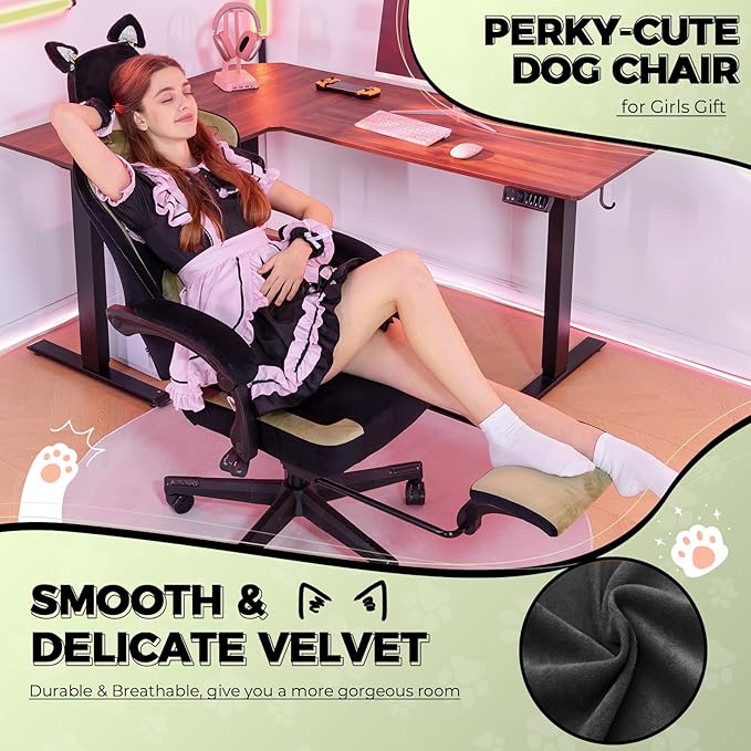 GTPLAYER Gaming Chair Cute with Cat Ears Ergonomic Computer Chair with Dog Embroidery Adjustable Memory Foam Lumbar Support and Headrest Comfortable Reclining Office Chair Soft Velvet Fabric for Women