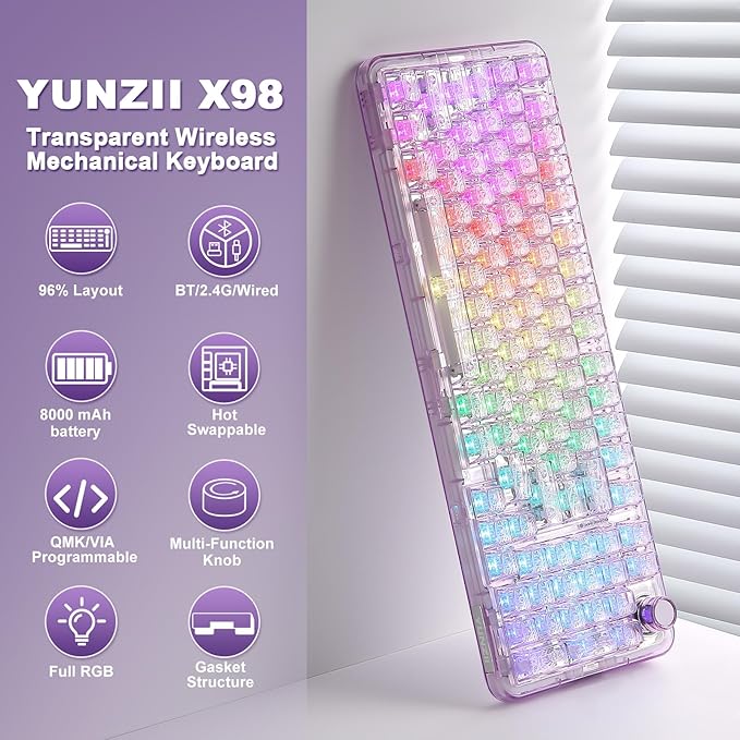 YUNZII X98 QMK/VIA Wireless Mechanical Gaming Keyboard with KnobTri-Mode BT5.0/USB-C/2.4GHz Hot Swappable KeyboardPre-lubed Switches Gasket Mount RGB Backlit for Wins/Mac (Purple Crystal Switch)
