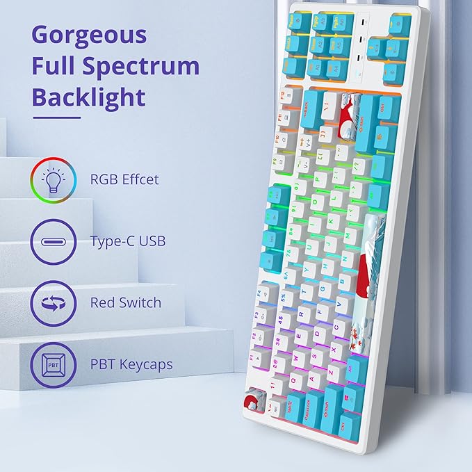 75 Percent Mechanical Keyboard 87 Keys RGB Backlit Gaming Keyboard TKL Compact Wired Keyboard with Red Switches for Windows Laptop PC PS4 PS5 Xbox Gamer (87 Sea/Red Switch)