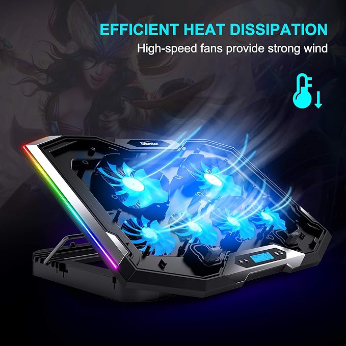 TopMate C11 Laptop Cooling Pad RGB Gaming Notebook Cooler Laptop Fan Stand Adjustable Height with 6 Quiet Fans and Phone Holder Computer Chill Mat for 15.6-17.3 Inch Laptops - Blue LED Light