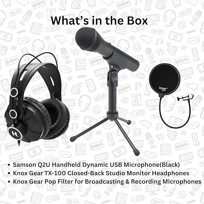 SAMSON Q2U Black Handheld Dynamic USB Microphone Bundle with Pop Filter and Closed Back Over-Ear Headphones (3 Items)