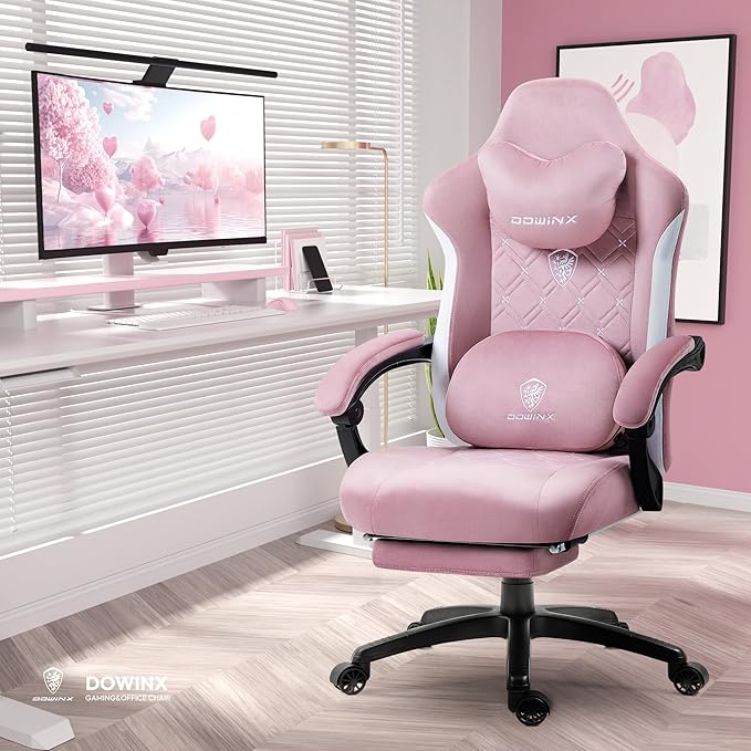 Dowinx Fabric Gaming Chair with Heated Massage Lumbar Support Gaming Chairs for Adults Big and Tall Gamer Chair with Pocket Spring Cushion and Footrest Ergonomic Recliner Computer Chair Pink