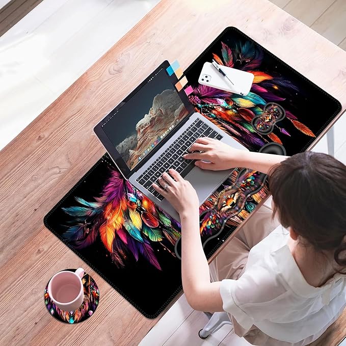 Mouse PadLarge Desk Mat Set 4in1 XL Mousepad + Keyboard Wrist Rest+Mouse Wrist Rest+Coaster with Ergonomic Desk Pad for Home Office Table Computer Cover -Wolf with Feathers