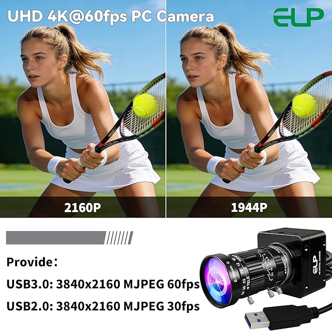 ELP High Speed 4K 60FPS USB Camera Manual Zoom Webcam for Computer Mini UVC 2160P USB3.0/2.0 Lightburn Cameras for Windows Linux Mac Pi 5-50mm 10X Varifocal IMX678 Web Cam for Laptop Jetson Nano