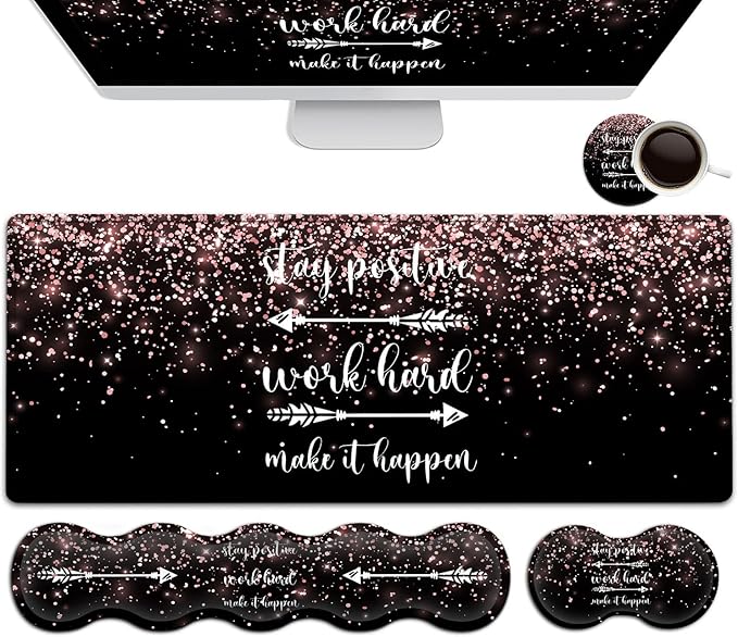 Large Gaming Mouse Pad Memory Foam Keyboard Wrist RestExtended Office Desk MatOffice Desk Pad with Stitched EdgesLaptop Desk Table Protector Rose Gold Glitter Inspirational Quotes Black Writing Mat