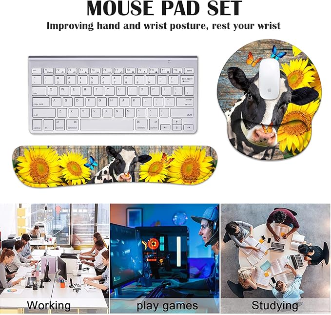 Keyboard Wrist Rest and Mouse Pad Wrist Support Set with Coasters Ergonomic Gaming Mousepad Non-Slip PU Base for Home Office Working Studying Easy Typing &amp Pain Relief - Sunflowers and Cow