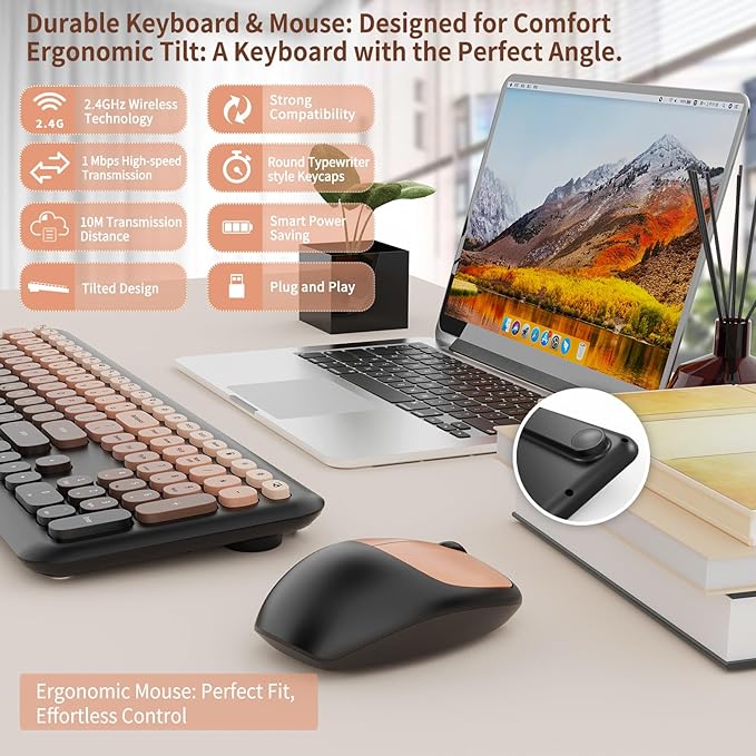 HotFox Wireless Keyboard and Mouse Combo Full-Size Retro Typewriter Keyboard with Round Keycaps Ergonomic Design for Windows PC Home and Office Use -Red