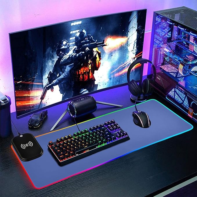 Blue Mouse Pad Gaming Mousepad Non Slip Desk Mat Wireless Charging Computer Mouse Pads RGB Keyboard Pad Mats for Desktop Home Office 35.4 x 15.7 in