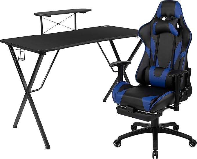 BizChair Black Gaming Desk with Cup Holder/Headphone Hook and Monitor/Smartphone Stand &amp Blue Reclining Gaming Chair with Footrest