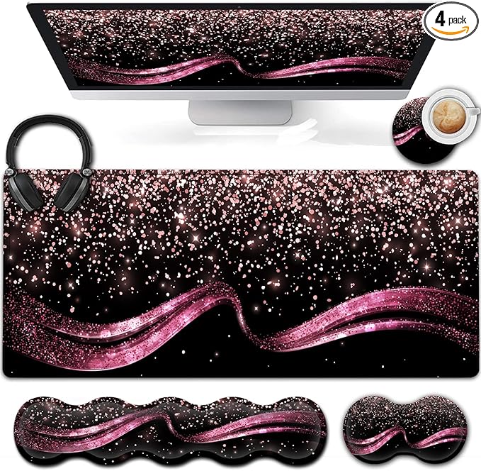 Extended Gaming Mouse Pad 31.5x11.8 Big Desk Mat Ergonomic Memory Foam Keyboard Wrist Rest Support for Home Laptop Working Office Desk Pad with Non-Slip BaseRose Gold Sparkle Large Mouse Pad