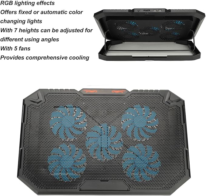 Notebook Cooler Cooling Pad with 5 Fans RGB Lights 7 Heights Plastic and Iron Material USB Powered for 13 17 Inch Laptops