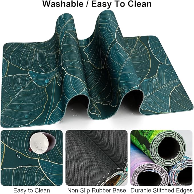 Keyboard Wrist Rest + Mouse Pad with Wrist Support + Desk Mat + Coaster 4 in 1 Set XXL Large Gaming Mousepad Cute Ergonomic Mouse Pads for Desk Computer Laptop Office Decor-Green Leaves