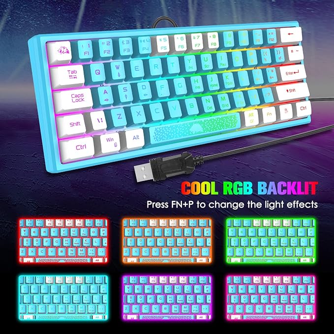 60% Gaming Keyboard and Mouse Combo Duble Color Keycaps Samll RGB Backlight Mechanical Feeling and Mechanical RGB 6400 DPI Honeycomb Optical MouseGaming Mouse pad for Gamers and Typists