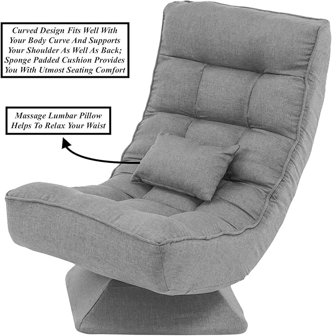Grey 360° Swivel Floor Chair Video Game Gaming Floor Chair Lounge Chair Lazy Chair with Massage Lumbar Pillow 5 Level Adjustable Backrest Foldable Design Heavy-Duty Steel Frame Soft Padded Seat