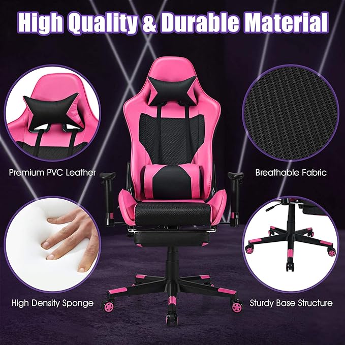 Giantex Massage Gaming Chair Pink Ergonomic Video Game Chair with Footrest High Back E-Sport Computer Chair with Headrest &amp Massager Lumbar Support PU Leather Gaming Seat