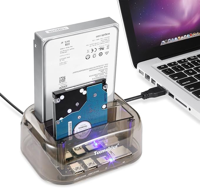 TCC-S865 USB 3.0 to SATA IDE Dual Slots External Transparent Hard Drive Docking Station with Card Reader and 2 Ports USB 3.0 Hub for 2.5 3.5 Inch IDE SATA I/II/III HDD SSD
