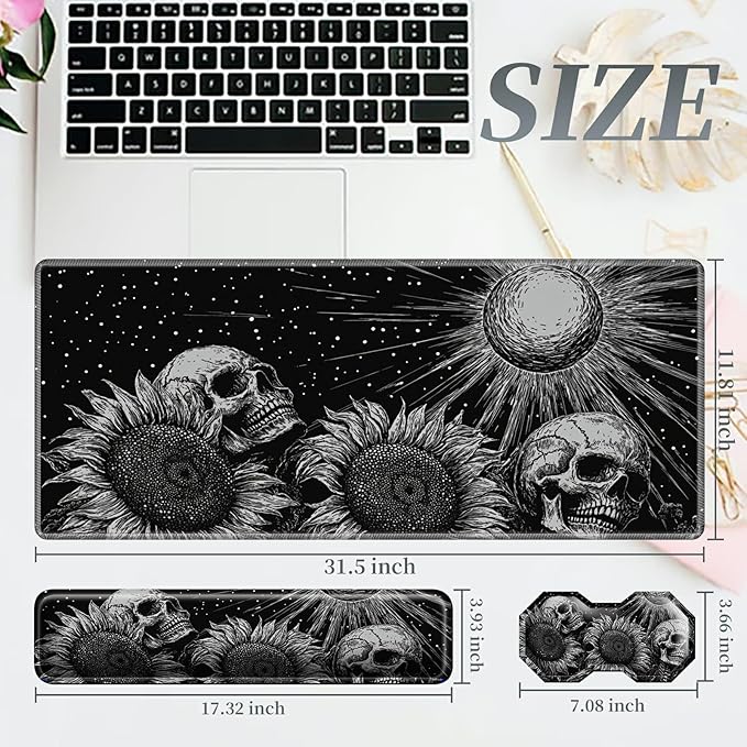 3Pcs Mouse Pad Set Gothic Skull Sunflowers Large Gaming Mouse Pad with Stitched Edge Ergonomic Memory Foam Keyboard Wrist Support and Mouse Wrist Rest Cushion Pain Relief Non-Slip Desk Pad Combo