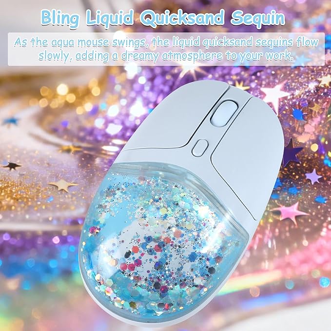 Wireless Mouse with Liquid Quicksand Sequins 2.4GHz &amp Bluetooth Dual Mode Rechargeable Silent Cute Aqua Mouse with LED Light Portable Water Mice for Laptop PC Tablet MacBook Kids Adults Gift (Blue