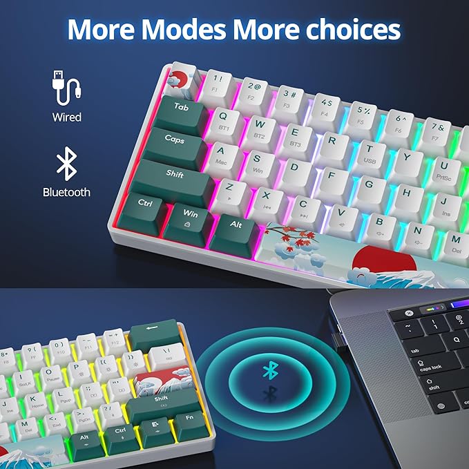 surmen Wireless Keyboard 60% Gaming Keyboard 60 Percent Hot Swappable RGB Mini Bluetooth BT5.0/USB-C Mechanical Keyboard with Software for Windows Mac Laptop (Gateron Red Green 61)