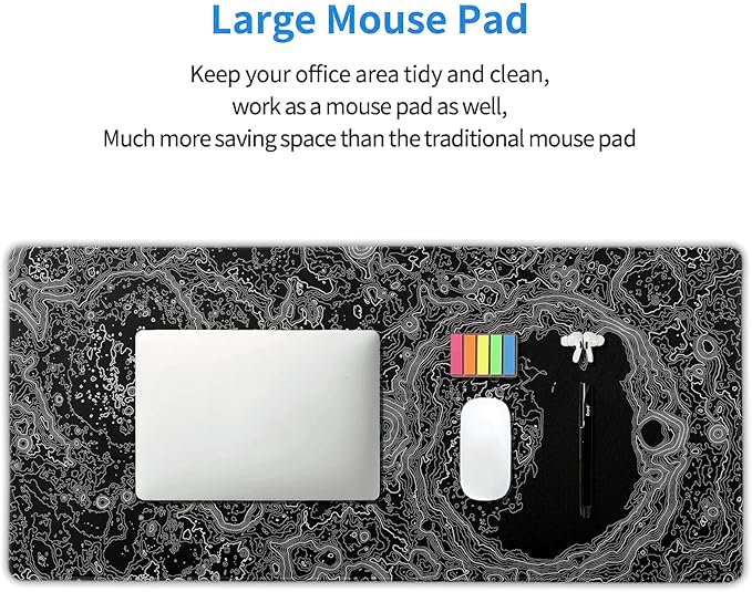 Black Whtie Topographic Gaming Mouse Pad 3XL Topo Moon Relief Map Extended Large Mat Mousepad Desk Pad Non-Slip Rubber Base Stitched Edge Long Mousepad for Desktop Office Desk 47.2x23.6 in120x60cm