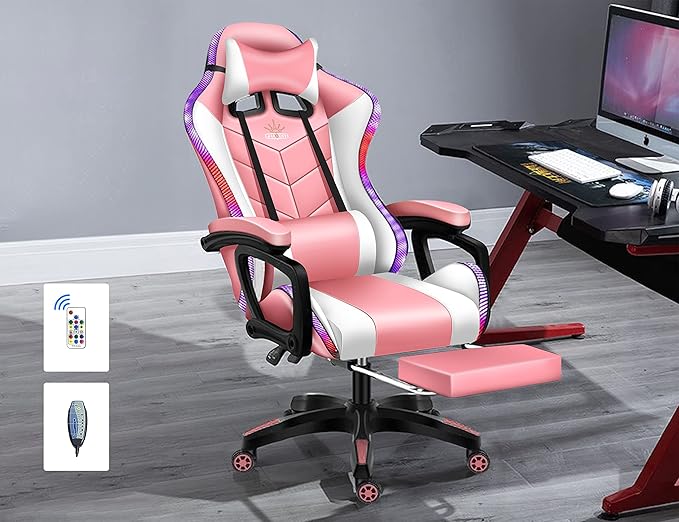 RGB Gaming Chair with Massage and Footrest Ergonomic Pro Computer Chair with LED Lights and Speakers High Back Music Video Chair with Lumbar Support and Headrest for Adult Teens. (White + Pink)