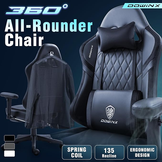 Dowinx LS-66T50EJP Gaming Chair with Pocket Spring Cushion and Hanger Massage Game Chair Pu Leather with Headrest Ergonomic Computer Chair with Footrest 300lbs for Adult Black Grey