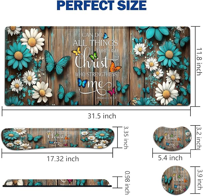 Large Mouse Pad + Keyboard Wrist Rest Set Extended Gaming Mousepad (31.5X11.8 inch) with Non-Slip Rubber Ergonomics Memory Foam Mouse Wrist Rest Support Wooden Wall Philippians 4:13 XXL Desk Pad