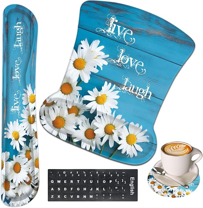 Keyboard Wrist Rest and Mouse Wrist Rest Pad with CoasterMade of Memory FoamErgonomic SupportEasy Typing &amp Pain Relieffor Home Office Working StudyingDaisy Flowers Quote Live Love Laugh