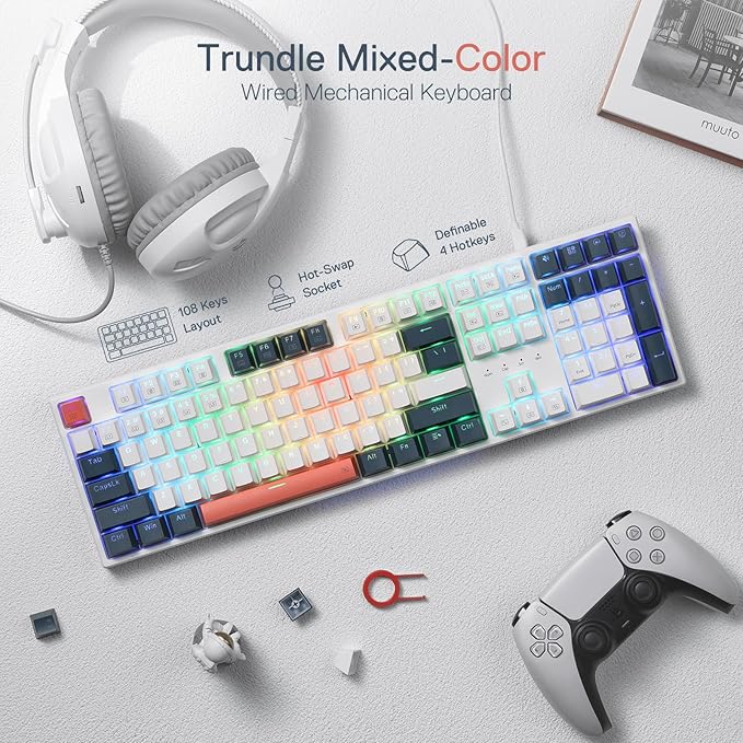 Redragon K668 RGB Gaming Keyboard 108 Keys Wired Mechanical Keyboard w/Extra 4 Hotkeys Sound Absorbing Foams Upgraded Hot-swappable Socket Mixed Color Keycaps x 2 Sets Red Switch