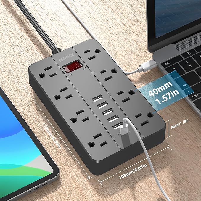 10 Ft Extension Cord Surge Protector SMNICE 8 Widely Spaced Outlets and 6 USB (1 USB C) Charging Ports Flat Plug Power Strip Desktop Power Cord for Travel Home Office Accessories Black