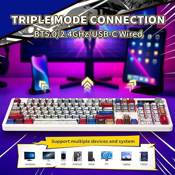 AULA F106 PRO Wireless Mechanical KeyboardFull Size Gaming Keyboard with Hot Swappable Knob &amp ScreenTri-Mode RGB Backlit with 8000mAh for PC/Laptop/Windows - Blaze SwitchComic Mix