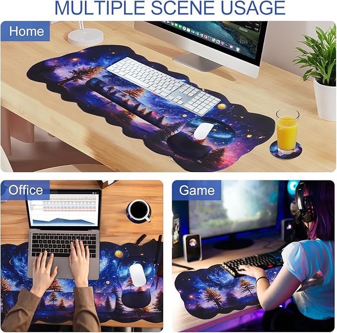 Petmolico Wrist Rest Set with Computer Keyboard Desk PadMouse Wrist RestKeyboard Typing Wrist Pad and Cup CoastersErgonomic Design for Typing Pain Relief [Blue Aurora Night Sky]