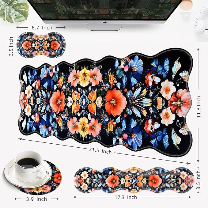 Desk Mat Mouse Pad with Wrist Rest 4-in-1 Large Mouse Pads for Desk Ergonomic Mouse Pad and Keyboard Wrist Rest Gaming Keyboard Mat for OfficeBeautiful Flowers