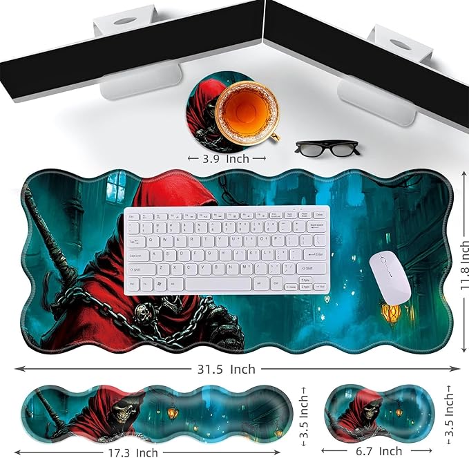 Large Gaming Mouse Pad Keyboard Wrist Rest Pad &amp Wrist Support Mousepad Set Stitched Edge Extended Non-Slip Base Memory Foam Desk Mat for Office HomeFunny Skull