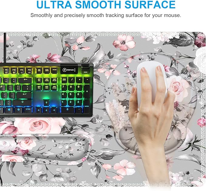 iCasso Large Mouse Pad Wrist Support Set 4in1 XXL Big Mousepad + Keyboard Wrist Rest + Mouse Wrist Rest + Coaster Set with Ergonomic Design Gaming Mat for Home Office Table Computer - Pink Floral