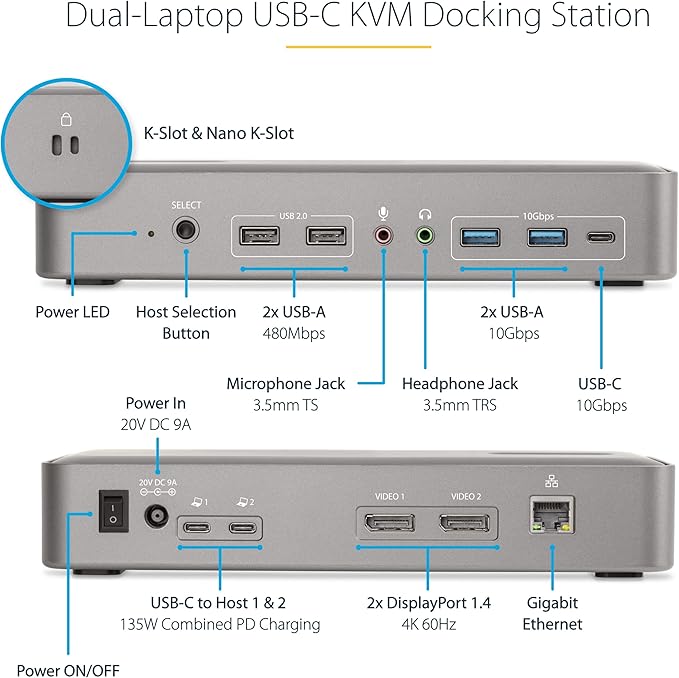 StarTech.com Dual-Laptop USB-C KVM Docking Station Dual Monitor 4K 60Hz DisplayPort Dock 5-Port USB Hub GbE 90W/45W Power Delivery to Two Laptops Windows/Mac 2-Host KVM Dock TAA