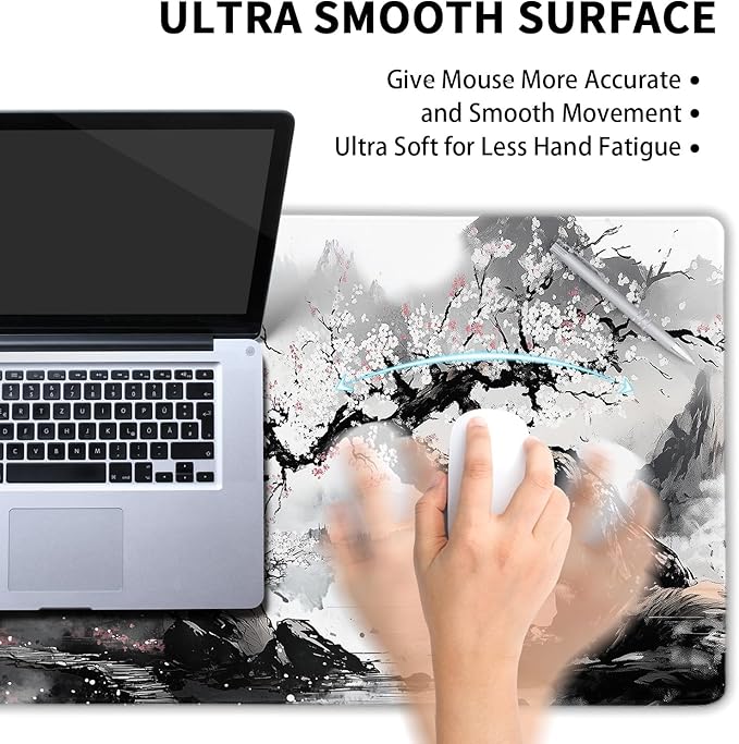 Black Whtie Japanese Gaming Mouse Pad XXL Anime Sakura Cherry Blossom Tree Extended Large Mat Mousepad Desk Pad Non-Slip Rubber Base Stitched Edge Keyboard Pad Playmat for Computer35.4×15.7 Inch
