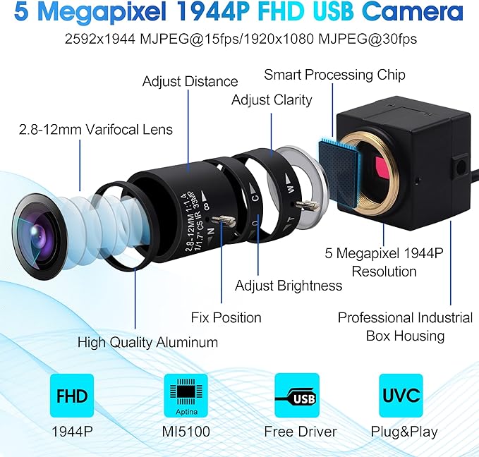USB Camera 5MP Webcam 4X Variable Focus PC Camera 1944P USB Security Camera UVC CCTV Industrial Close-up Camera for Computer Plug and Play for Mac OS Windows Linux Raspberry Pi Camera